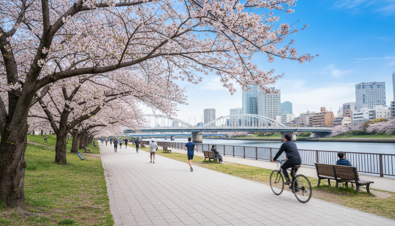隅田川沿いの遊歩道と公園の風景