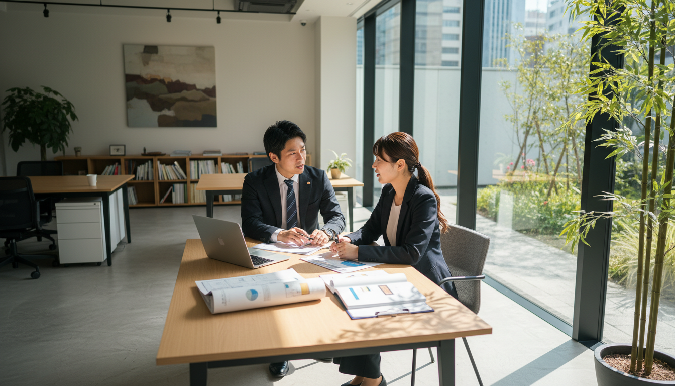 不動産会社のスタッフが先行情報を提供する様子