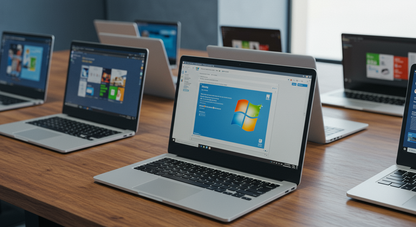 デスクに並んだ複数のノートパソコンとOfficeソフトのパッケージ