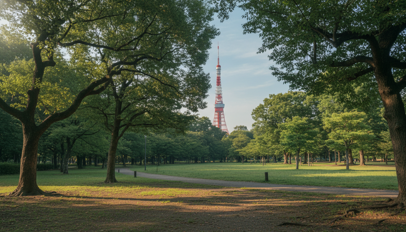 芝公園の緑豊かな風景と東京タワー
