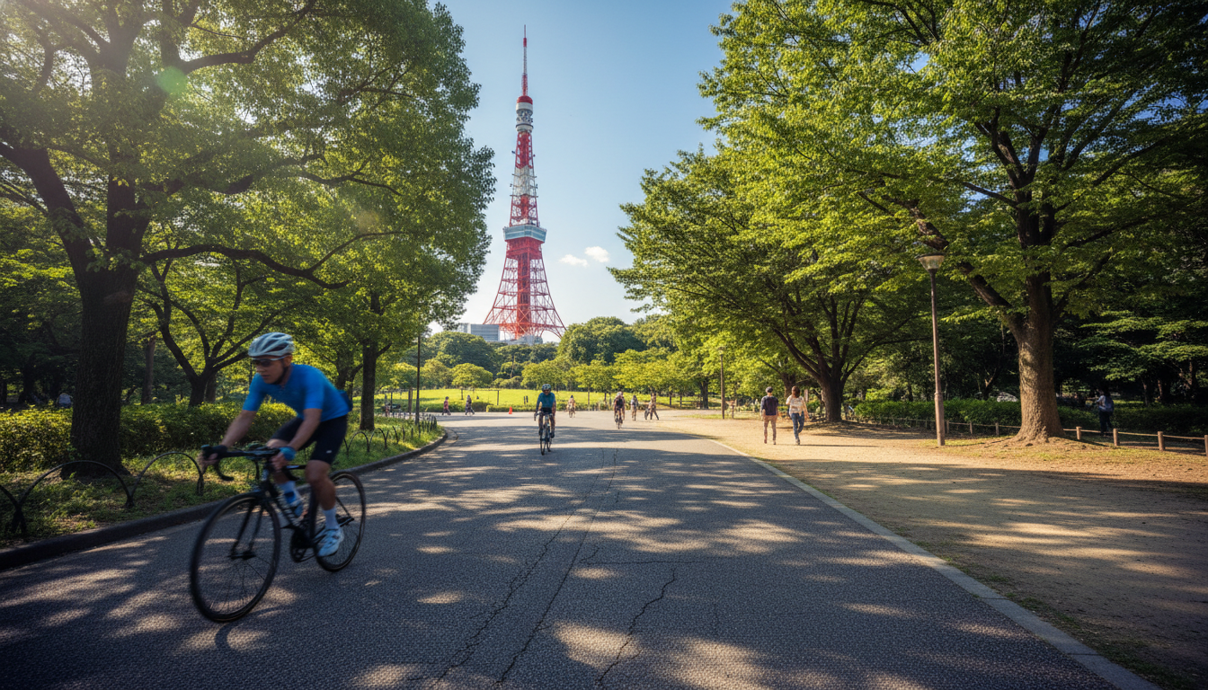 東京タワーと芝公園周辺のサイクリング風景