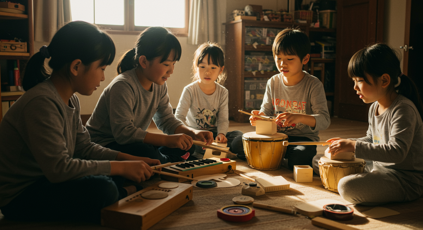 子どもたちがグループで音楽創作をしている様子