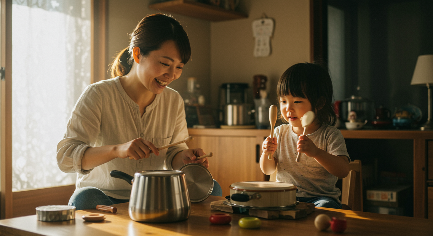 親子で家庭での音楽遊びを楽しむ様子
