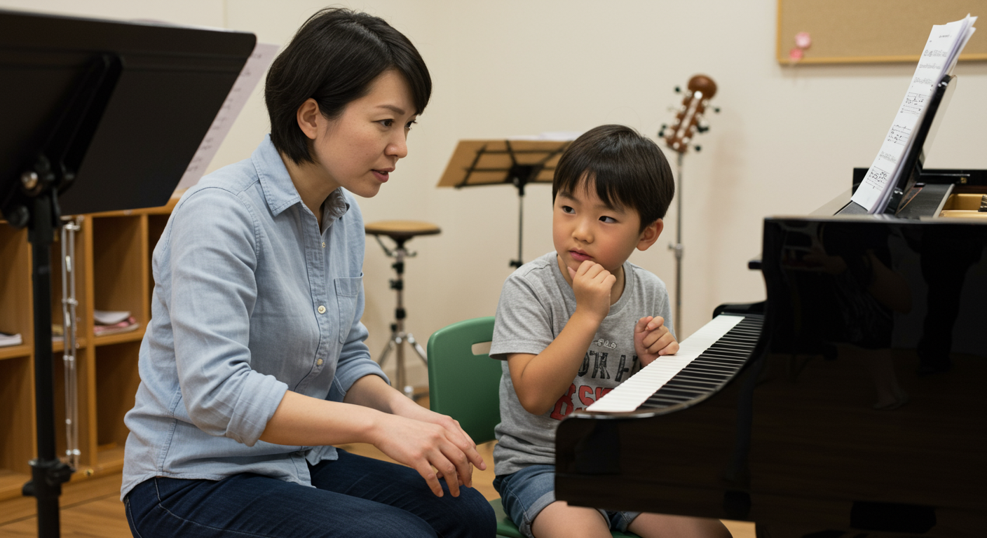 先生と子どもが対話しながら音楽を創作している様子