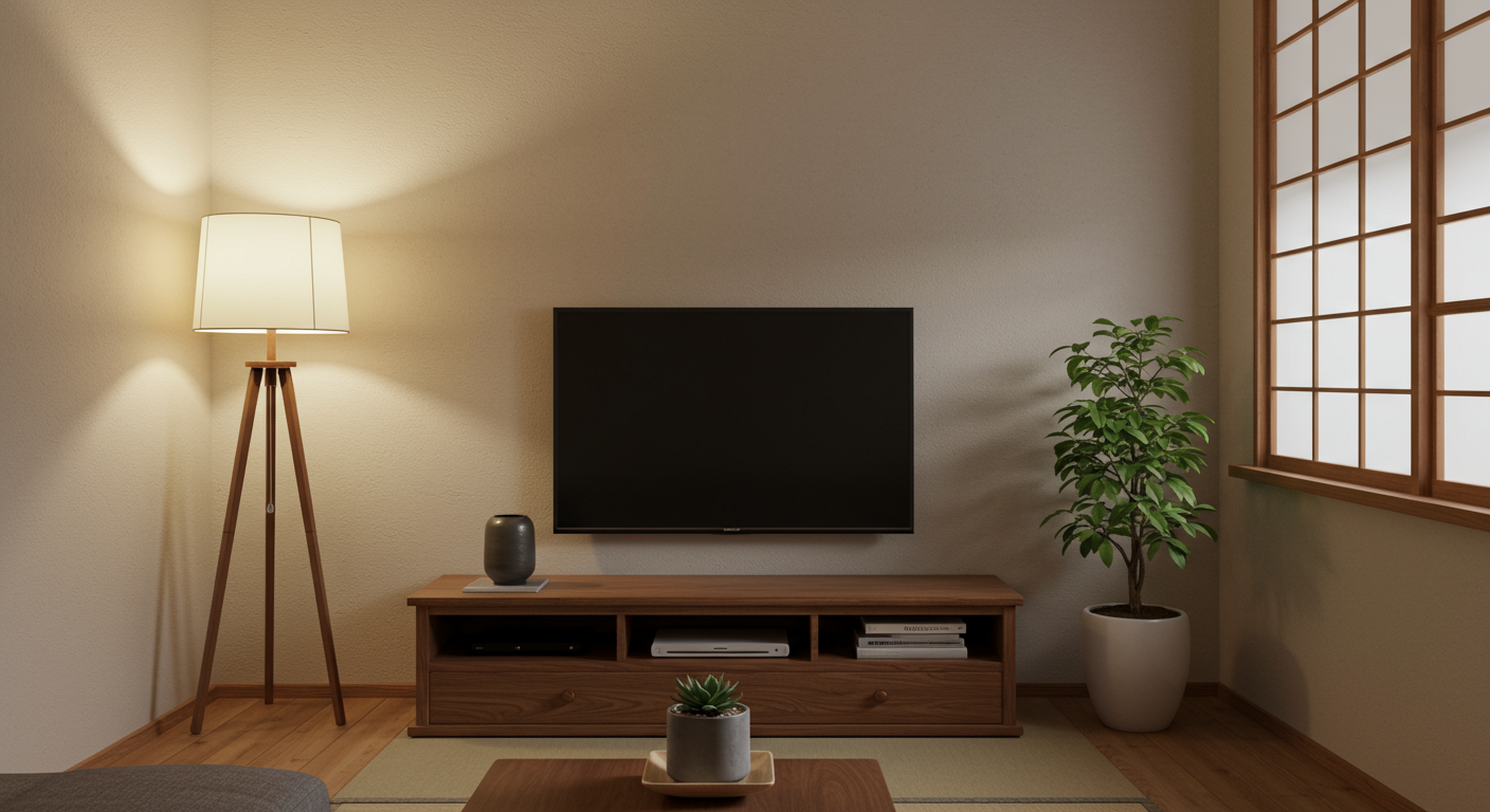 テレビの両サイドを観葉植物やフロアランプで飾った例