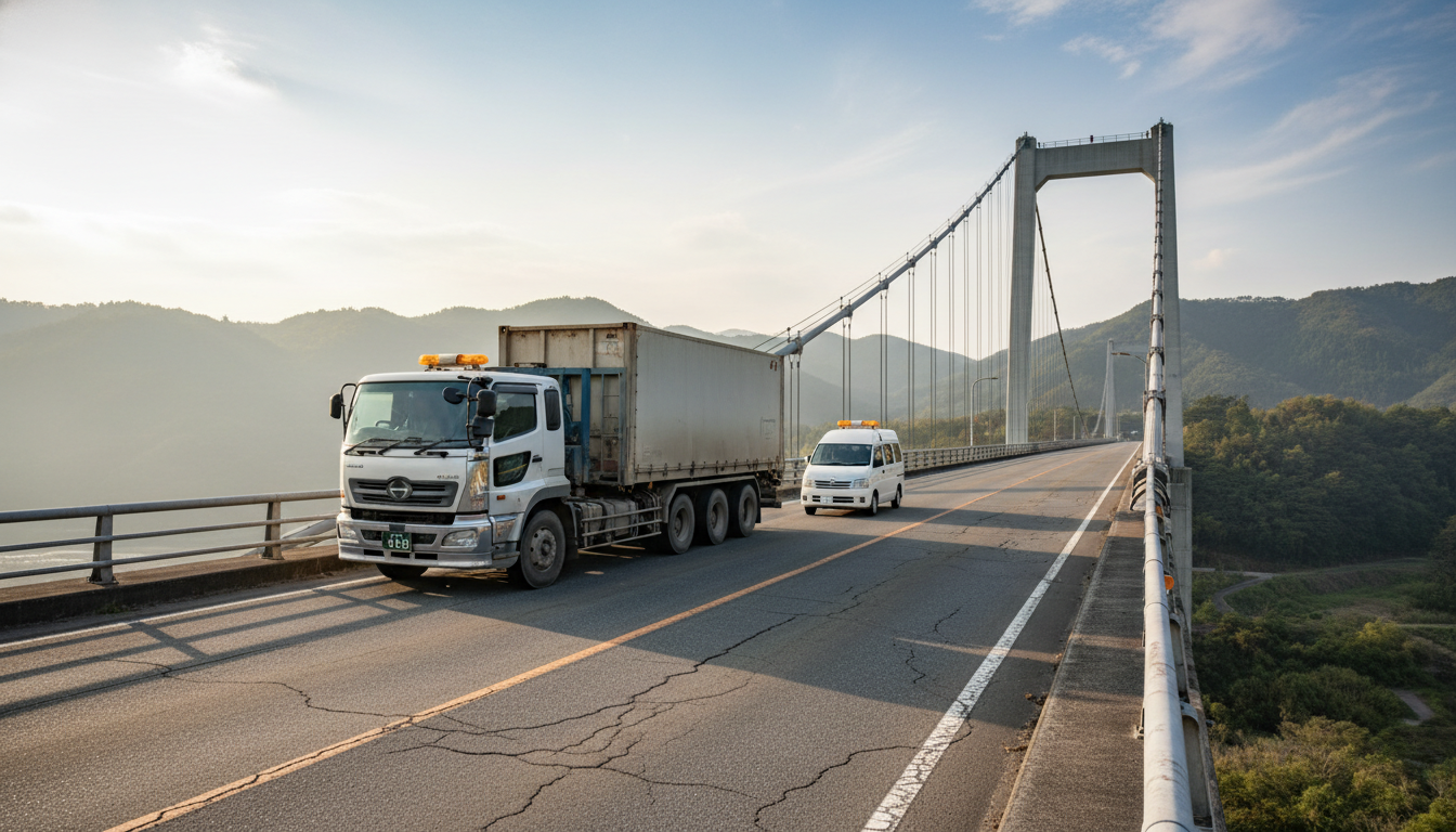 道路橋を通行する大型車両と誘導車