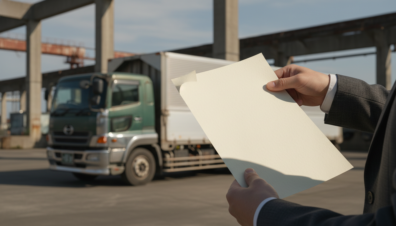 許可証を手にする事業者と大型車両