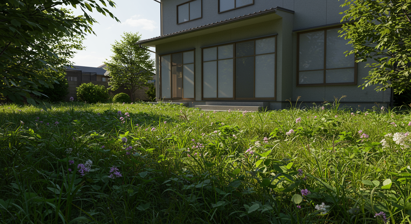 雑草が生い茂った新築住宅の庭