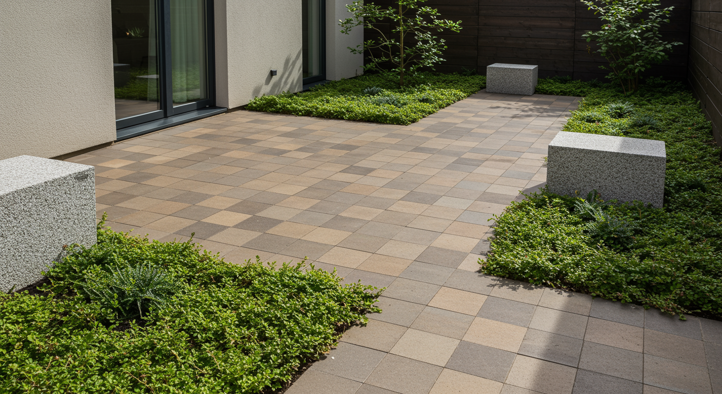 デザイン性の高いタイルと植栽による雑草対策