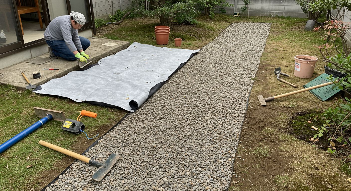 DIYで雑草対策をする様子