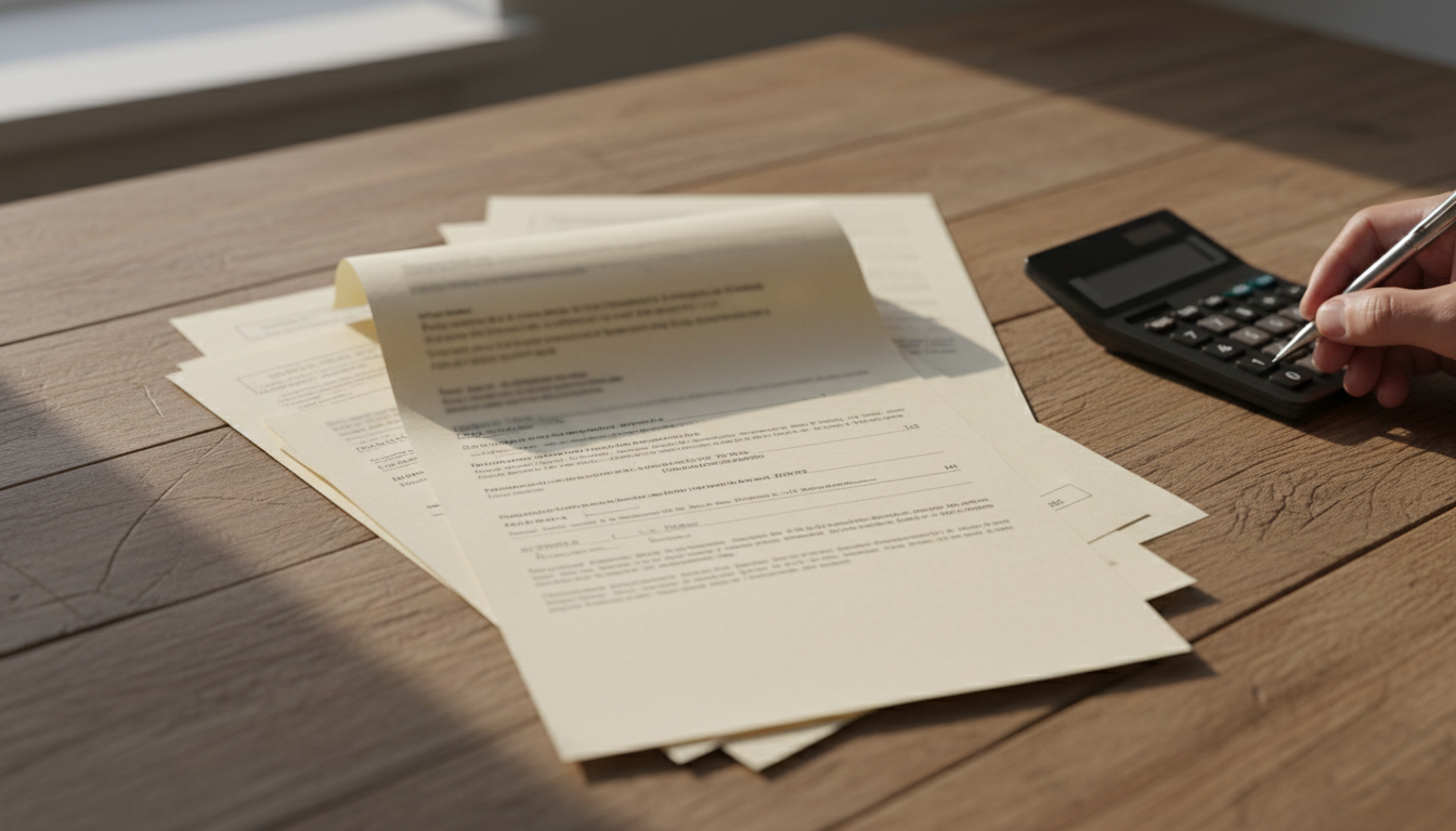 特殊車両通行許可申請の書類と電卓を使って費用計算をするイメージ