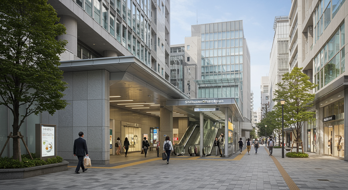 白金高輪駅の外観と周辺の街並み