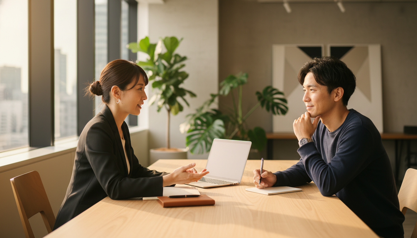 デプスインタビューを実施するSEO担当者とキーワード選定の様子