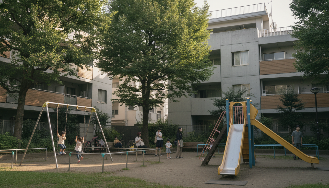 築地の静かな住宅街と公園で遊ぶ子どもたち