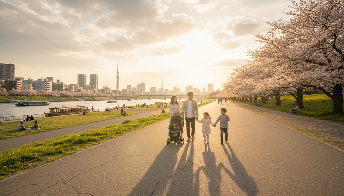 隅田川沿いの遊歩道を散歩する家族