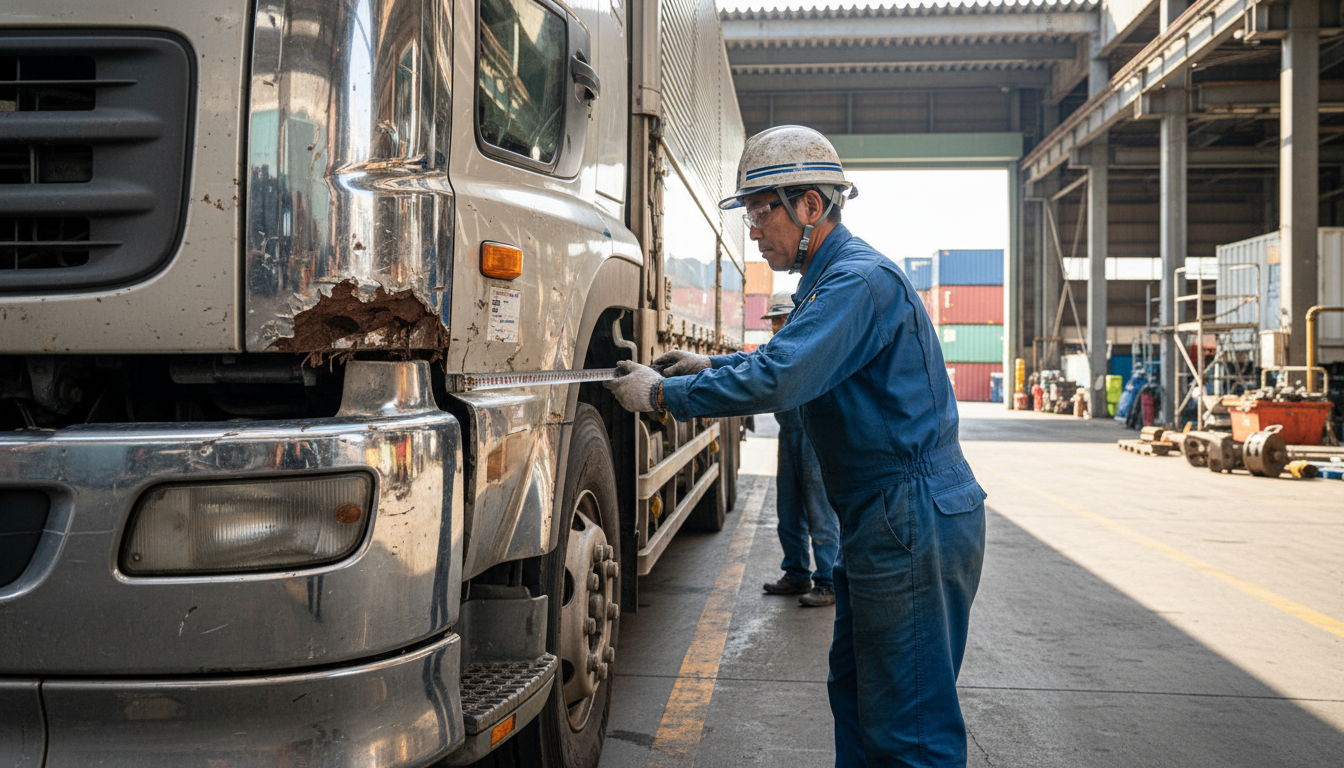 特殊車両の寸法測定と書類チェックの様子