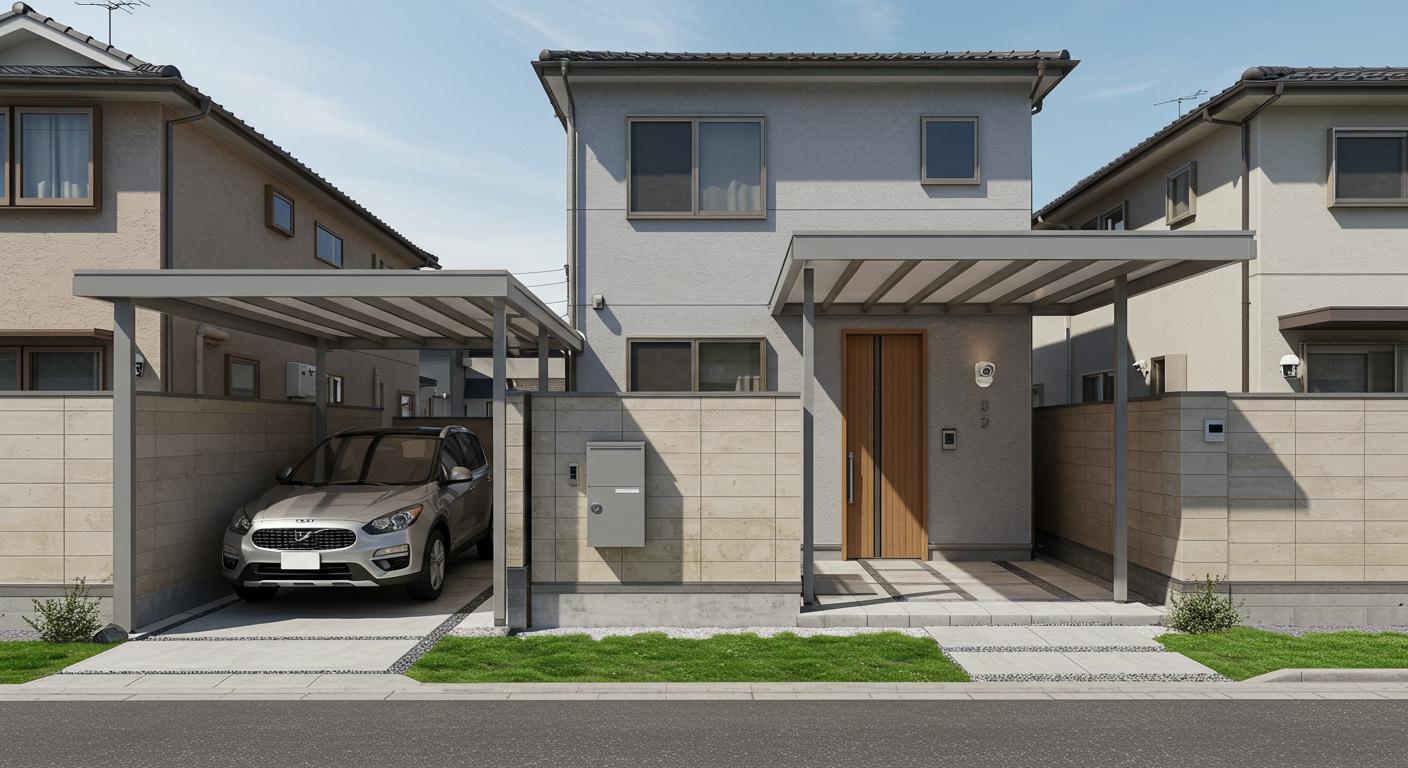 モダンな外構デザインと防犯設備を備えた住宅の外観