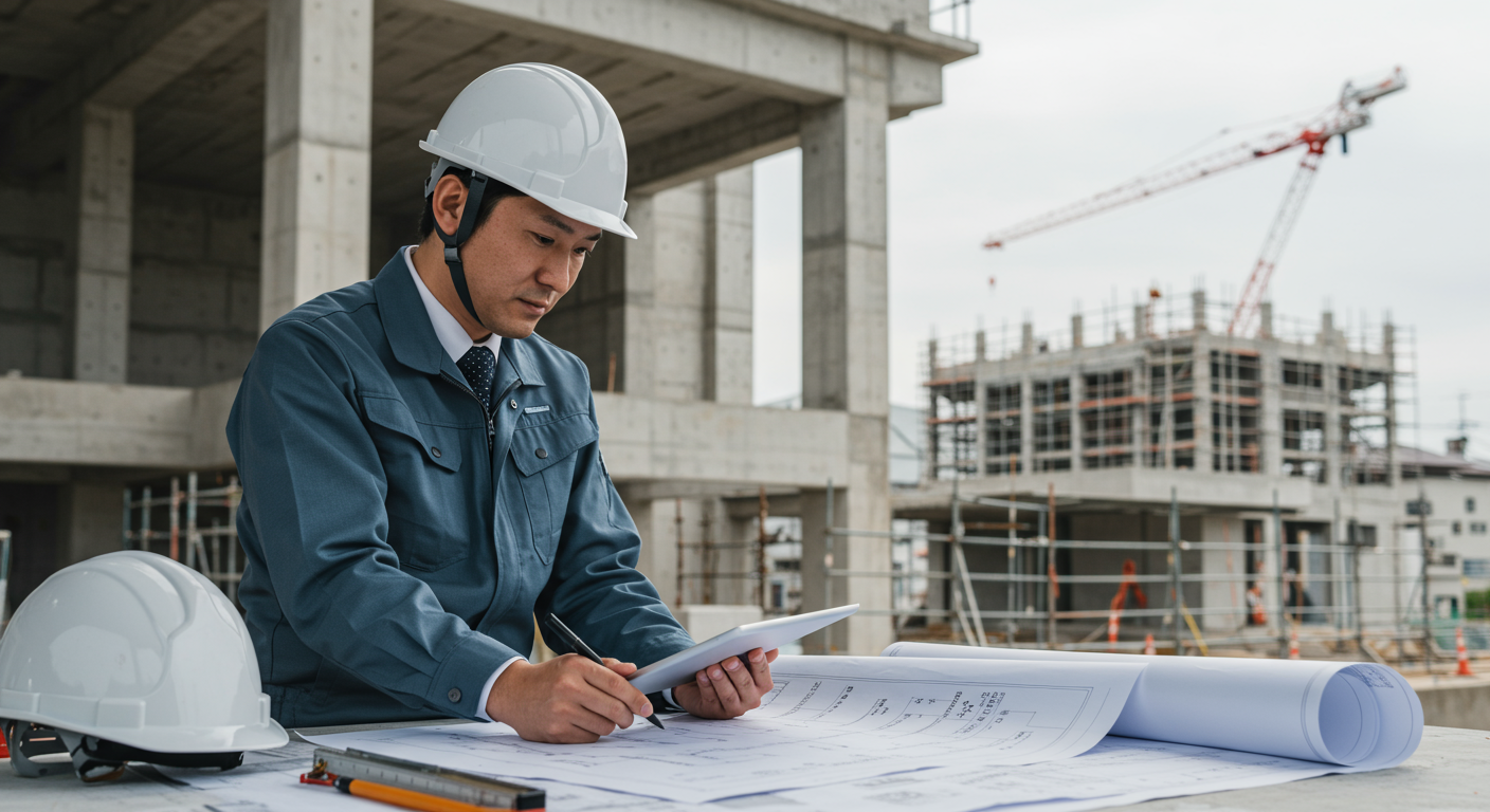 建築現場でタブレットを見ながら打ち合わせをする建築士たち