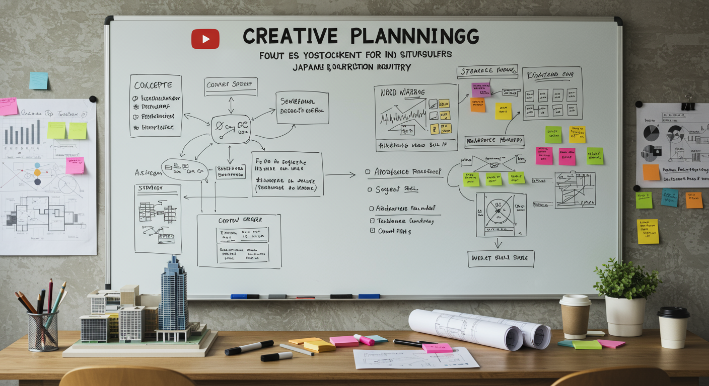 ホワイトボードに建築業界のYouTube戦略を描く様子