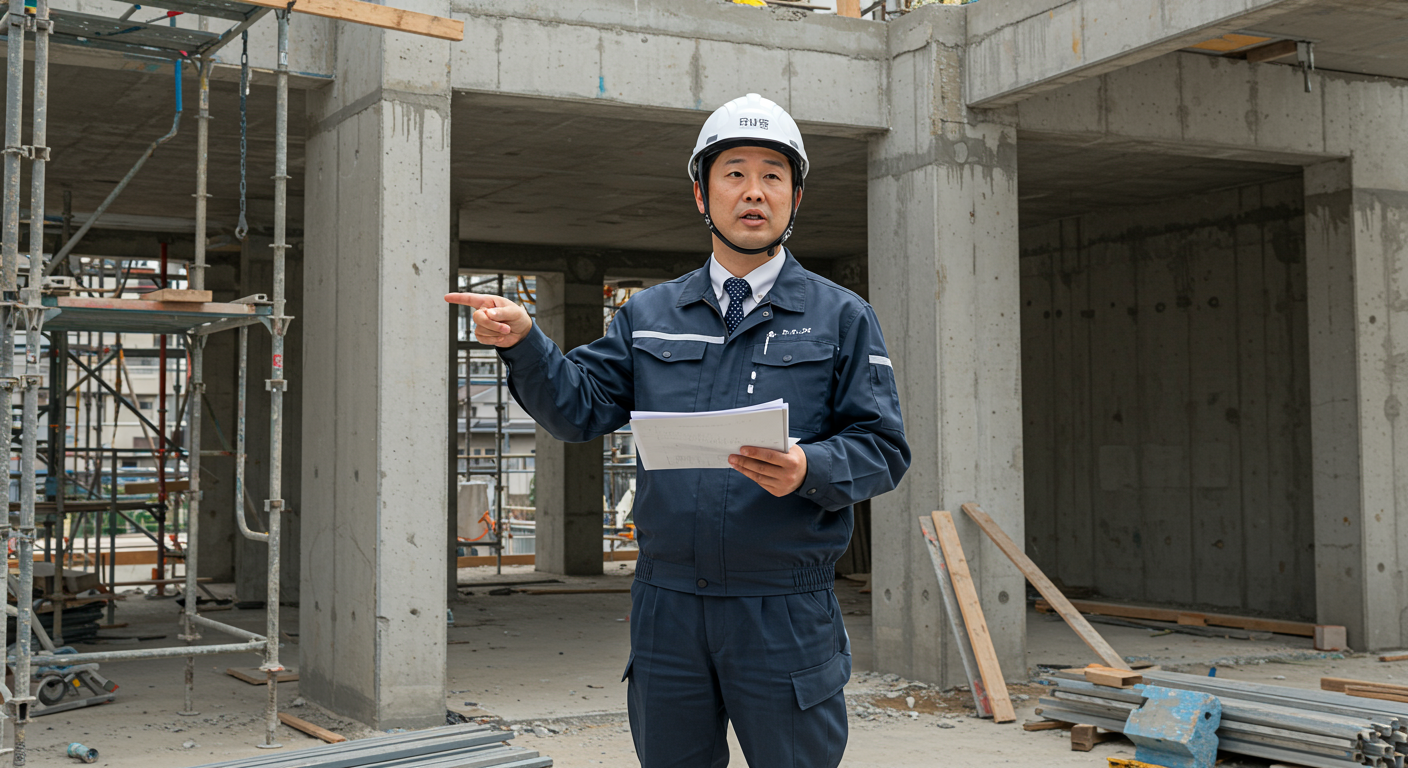 建築現場で専門的な説明をする様子