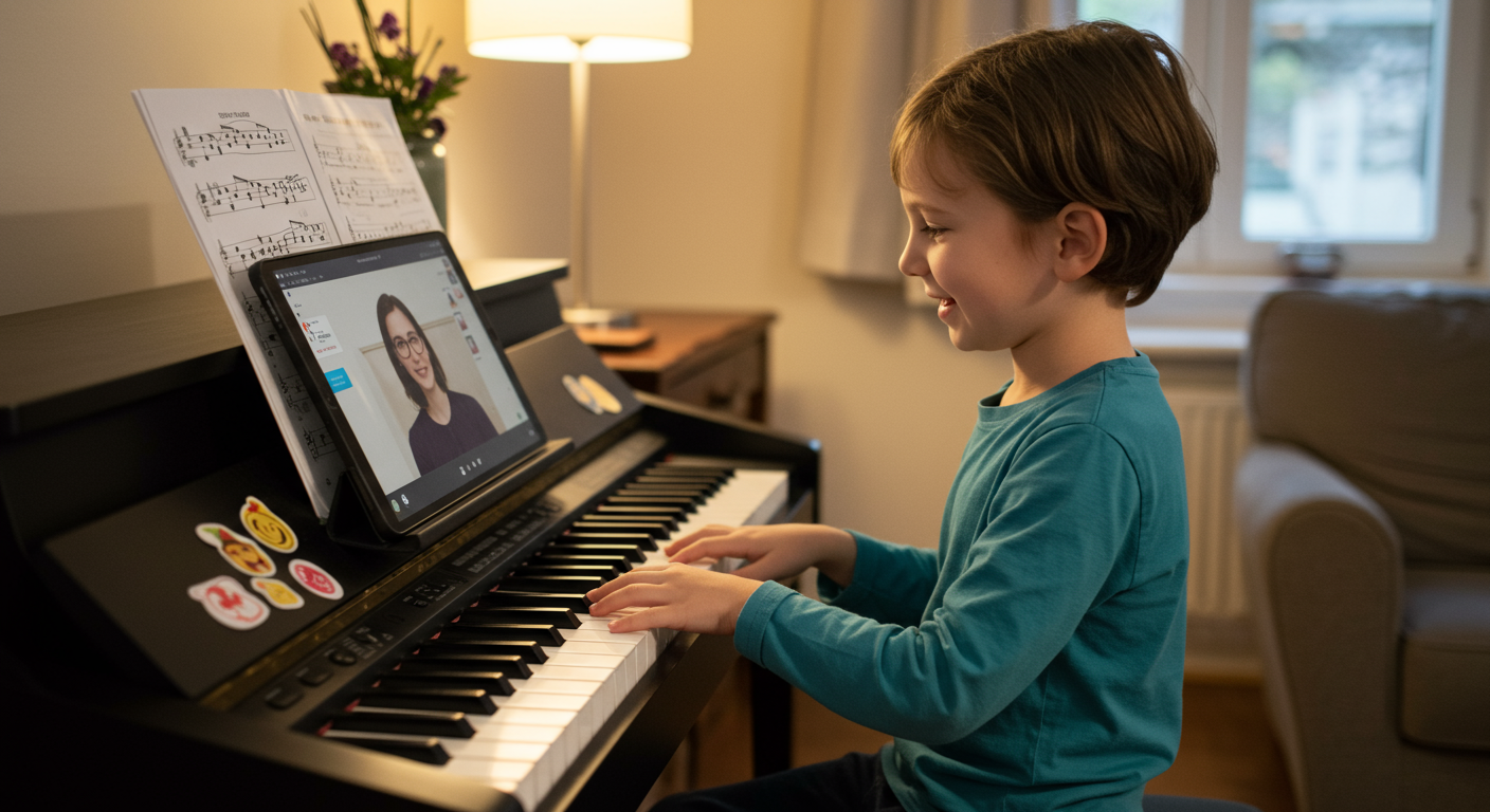 タブレットでオンラインピアノレッスンを受ける子ども