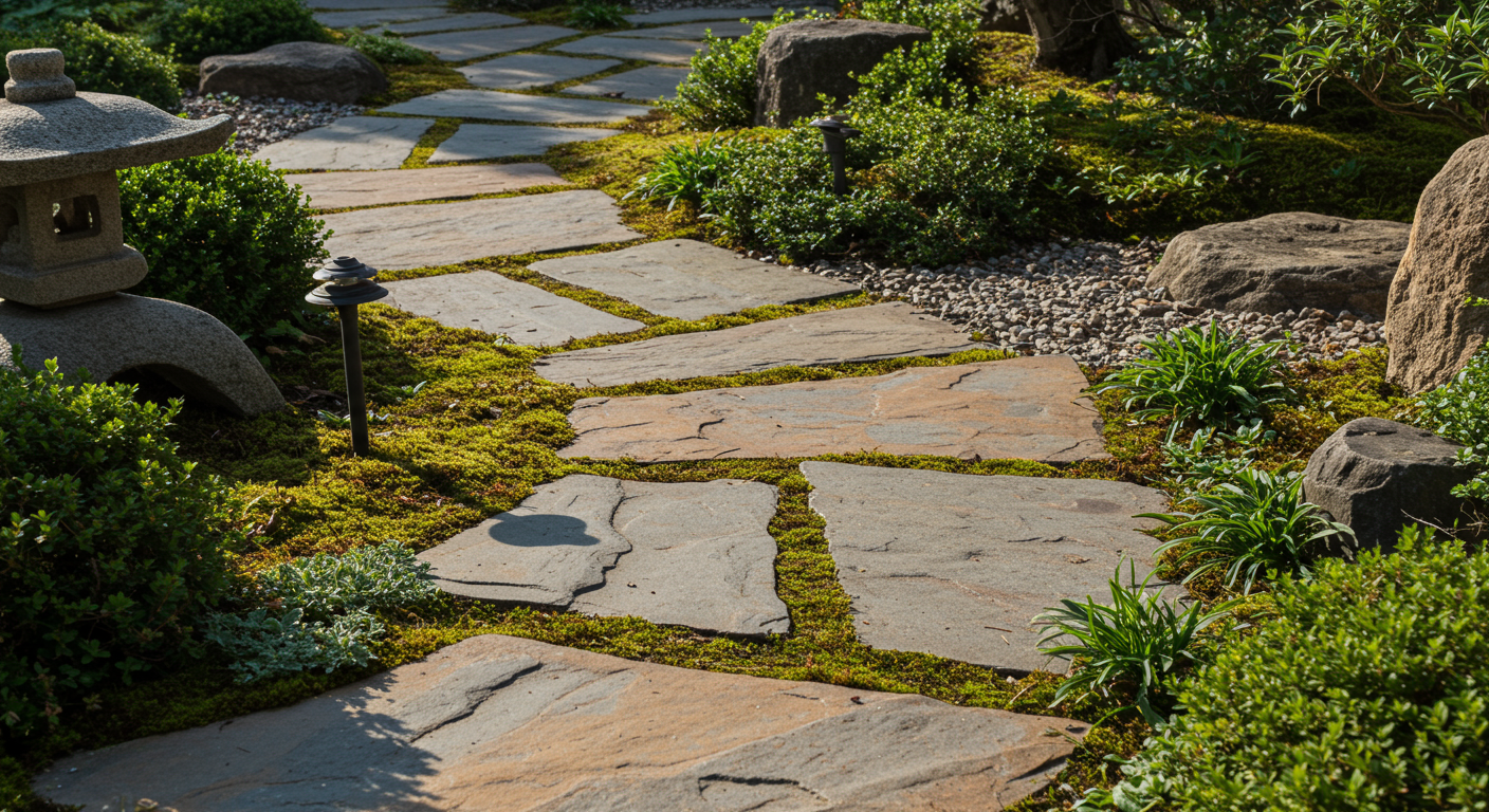 ナチュラルストーンを使用した庭のアプローチ