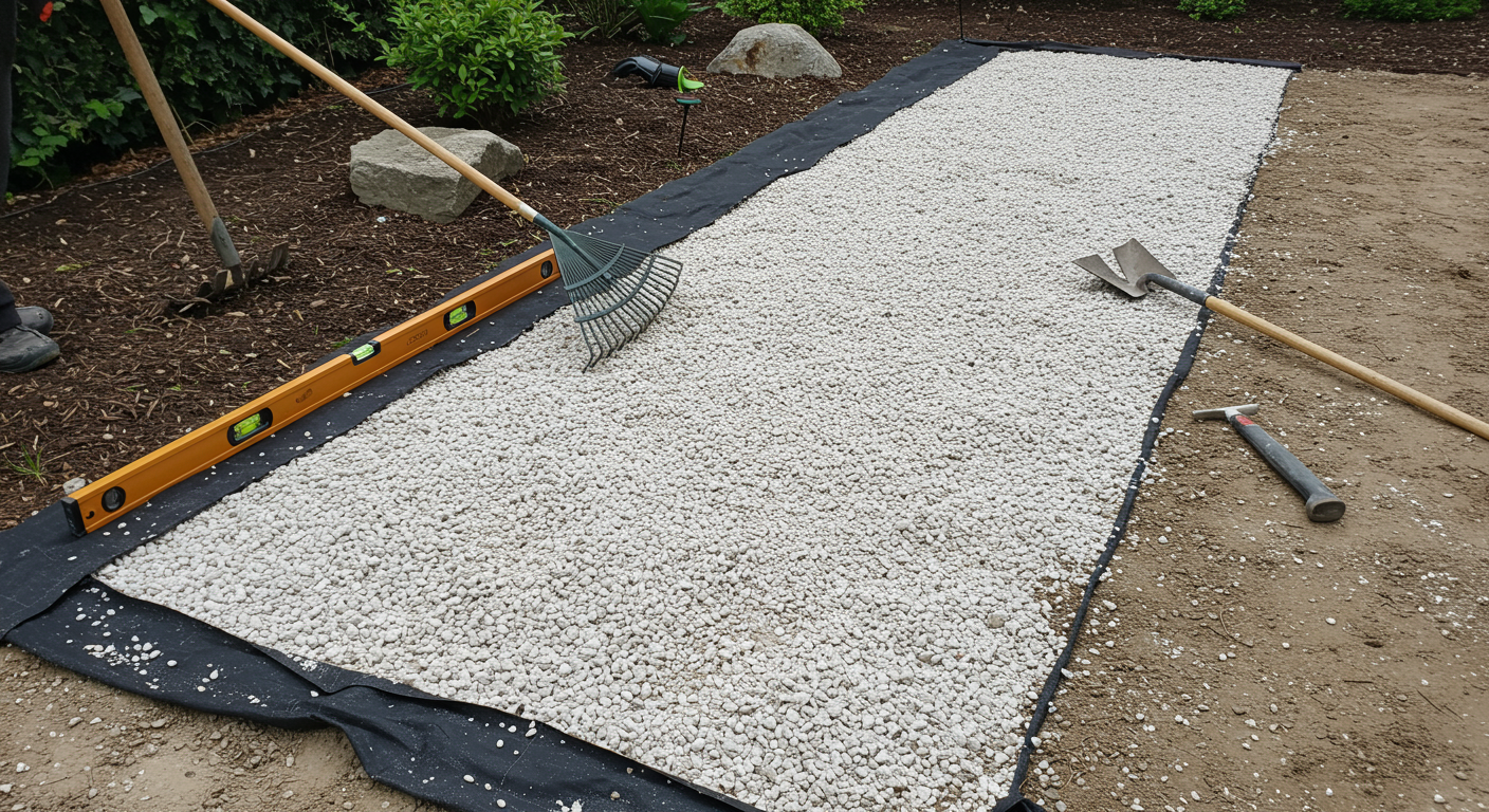 DIYで砂利敷きをしている様子