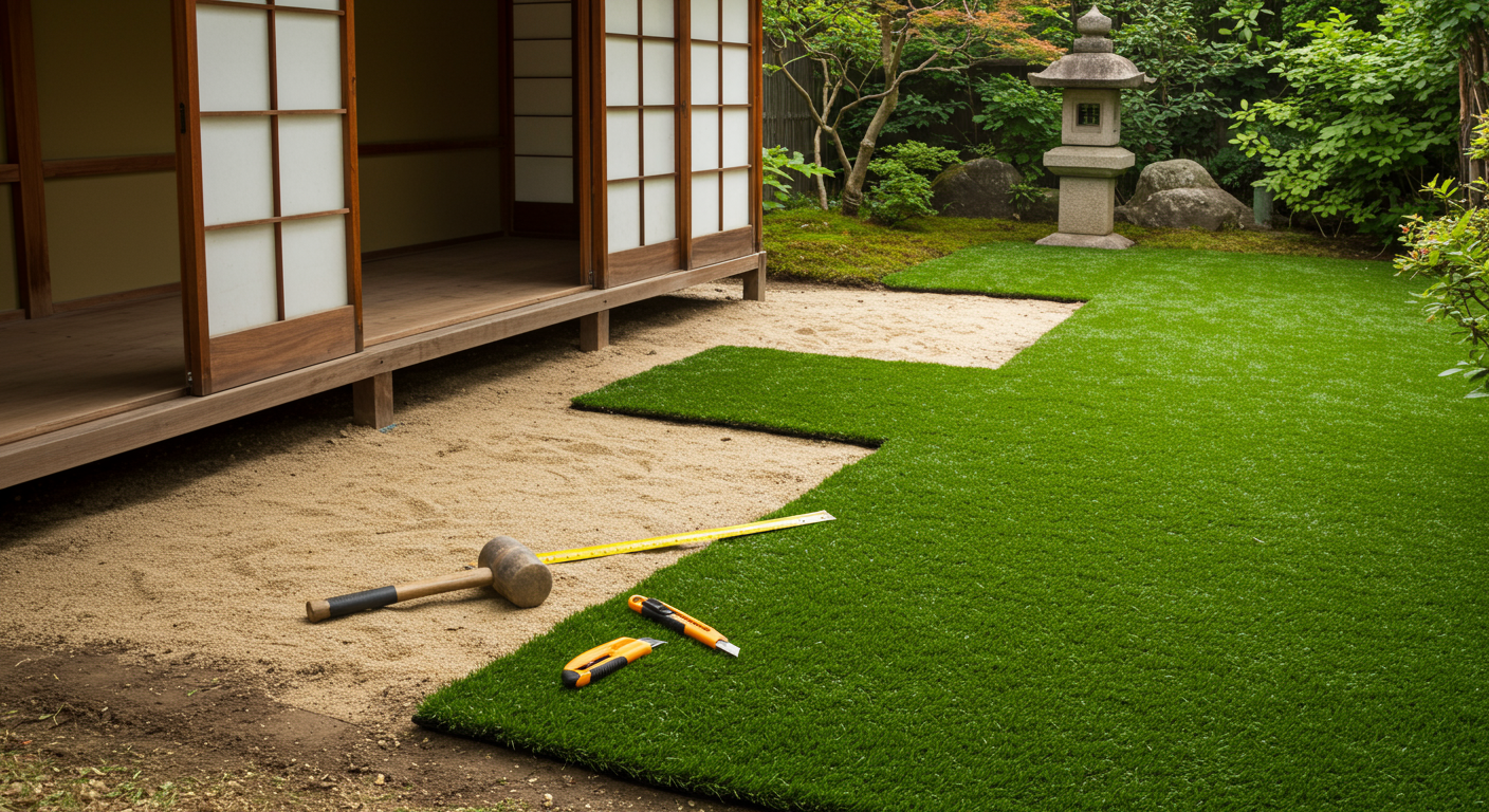 DIYで人工芝を敷設している様子