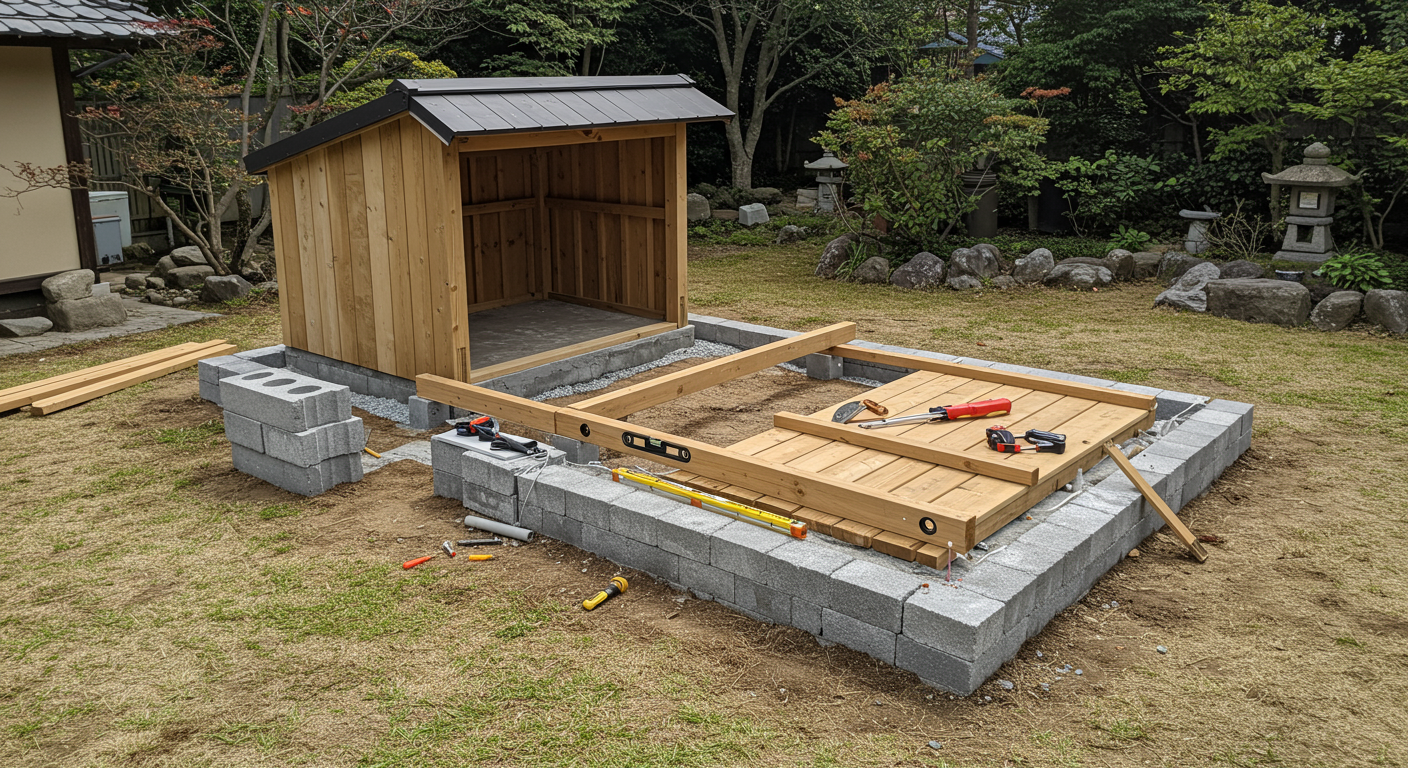 DIYで物置を設置している様子