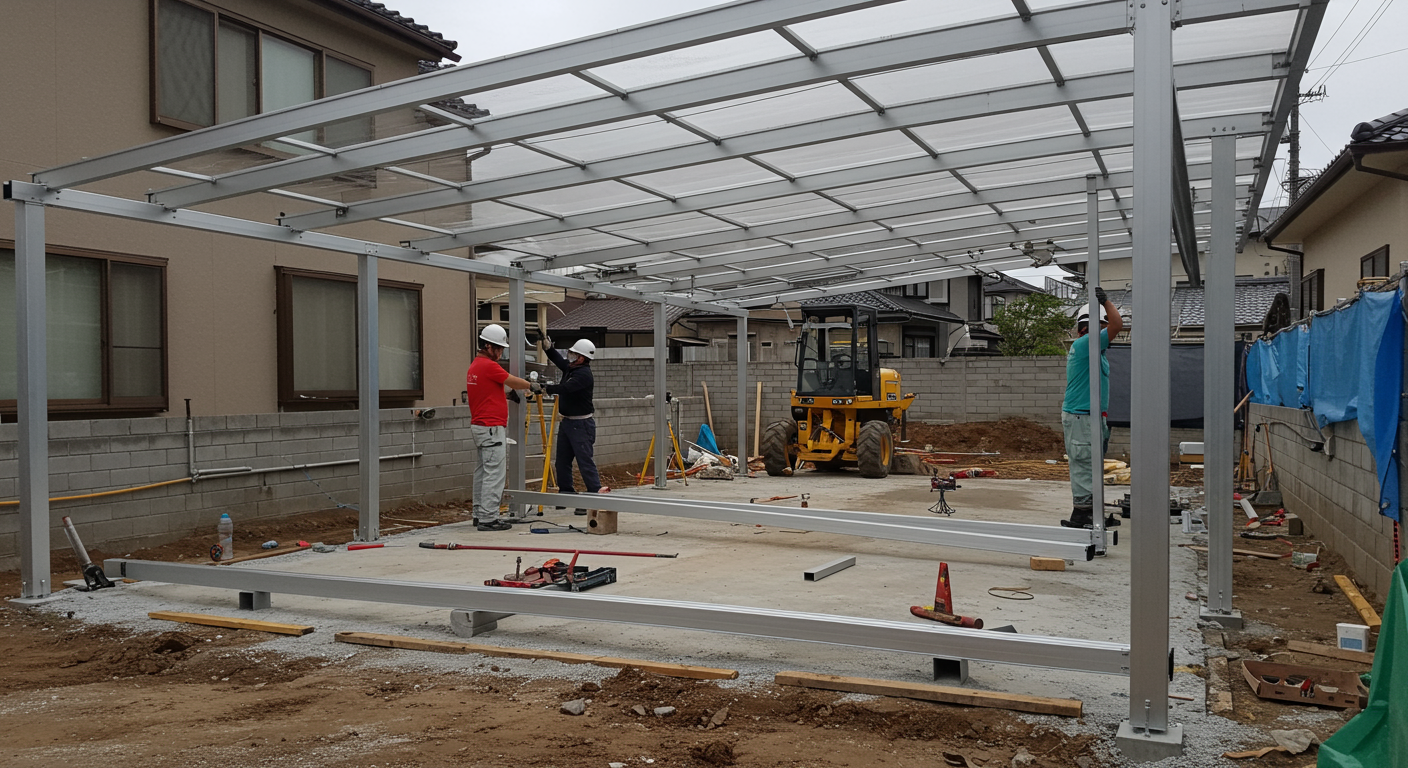 プロによるカーポート設置工事の様子