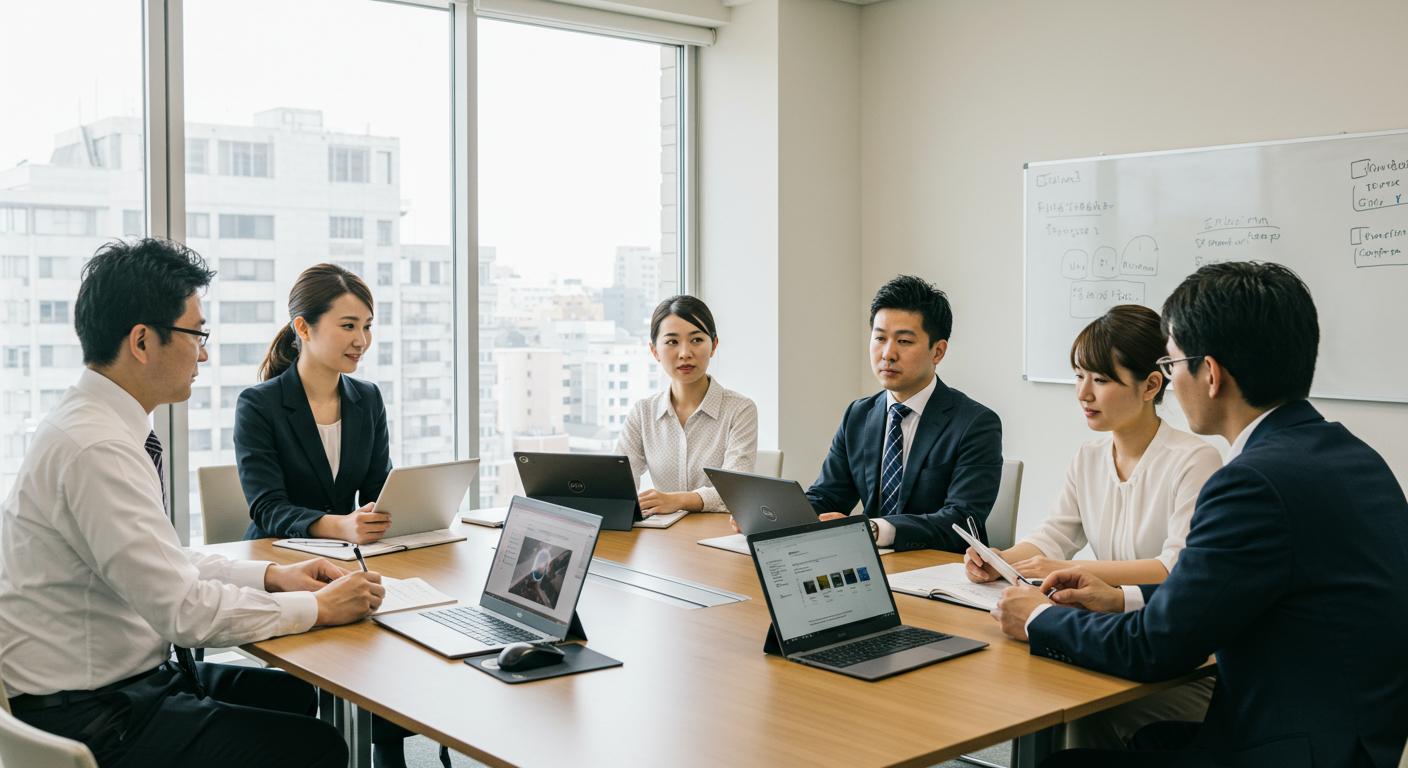 オフィスで会議をする日本のビジネスパーソンたち