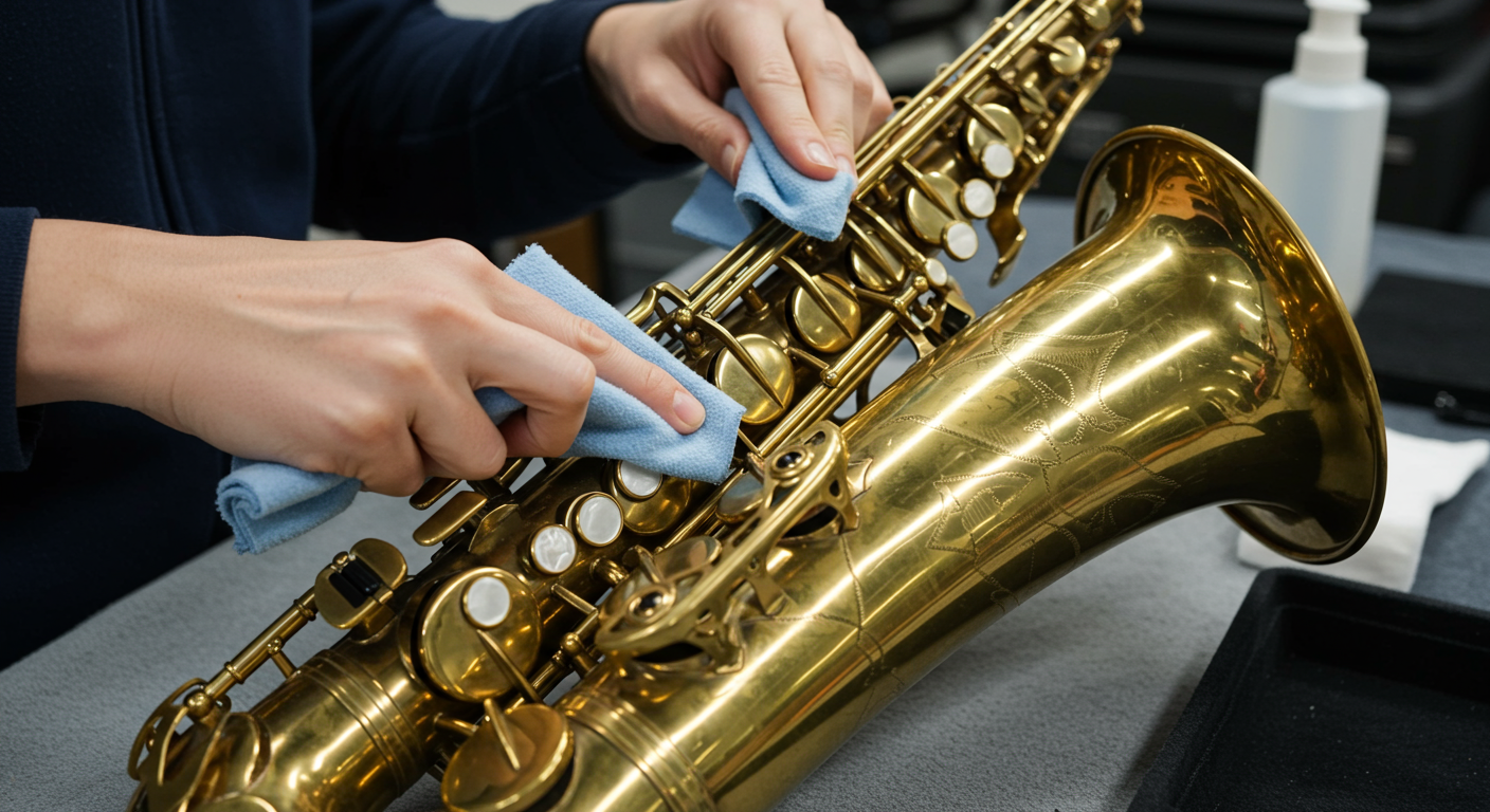 バリトンサックスのメンテナンスと清掃を行っている様子