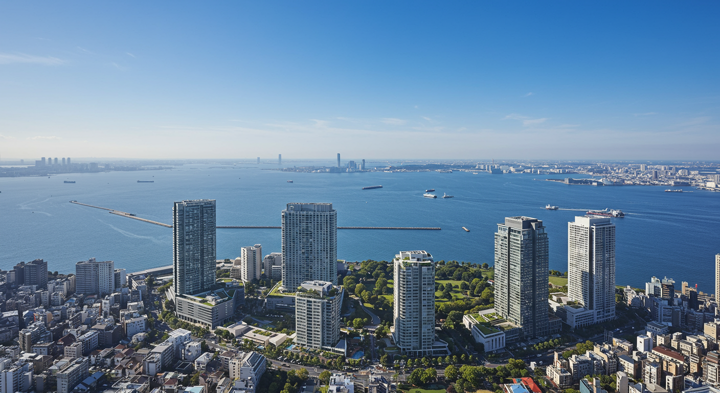 港区海岸エリアの高層マンションと海の風景