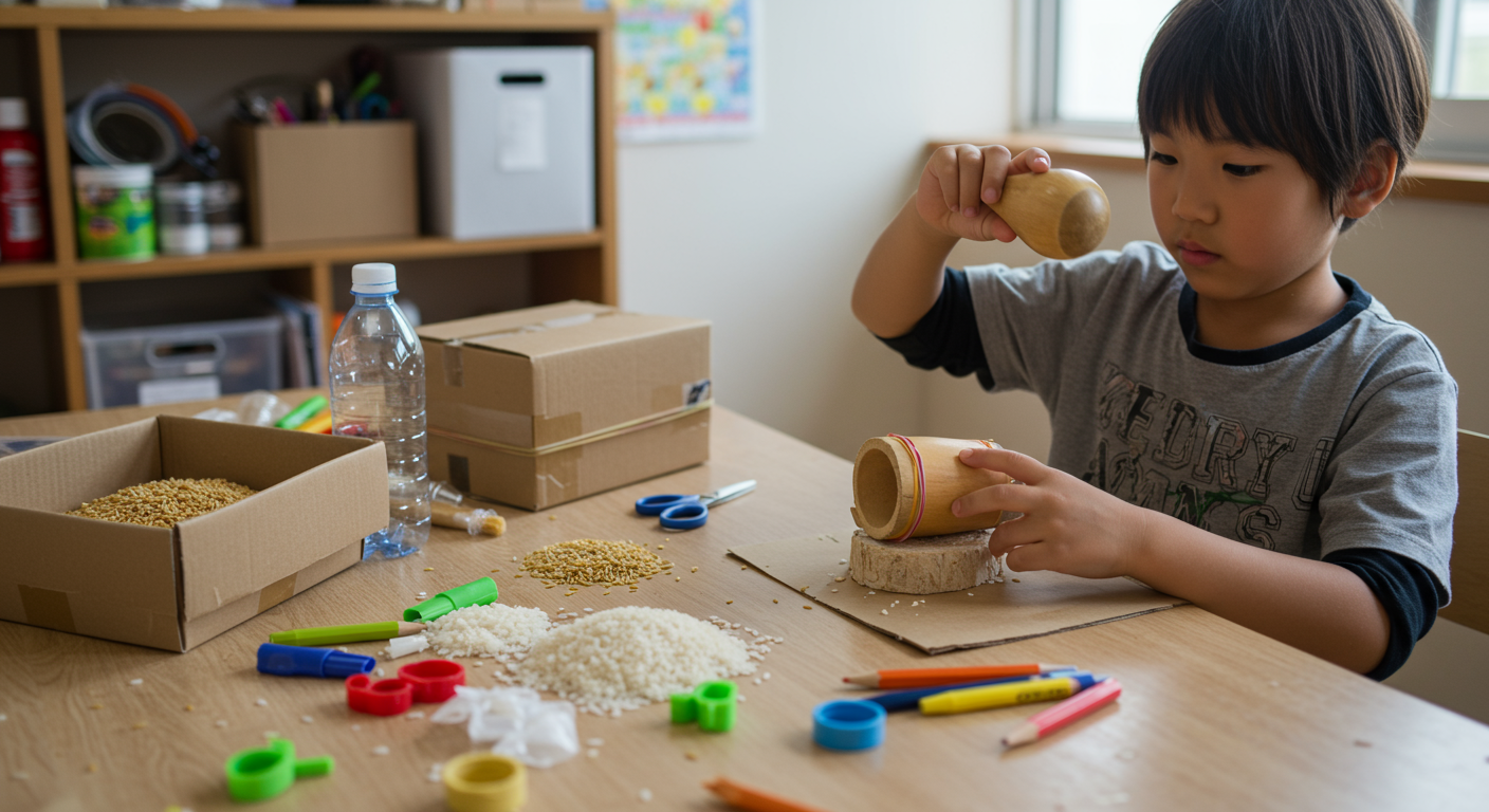 子どもが身近な素材で手作り楽器を作っている様子