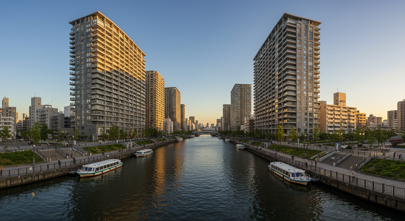 芝浦エリアの運河と高層マンションの風景