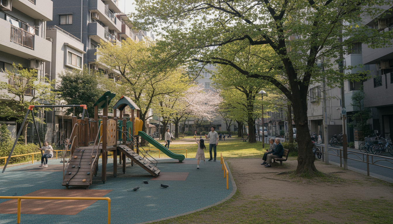 中央区の公園で遊ぶ家族の様子