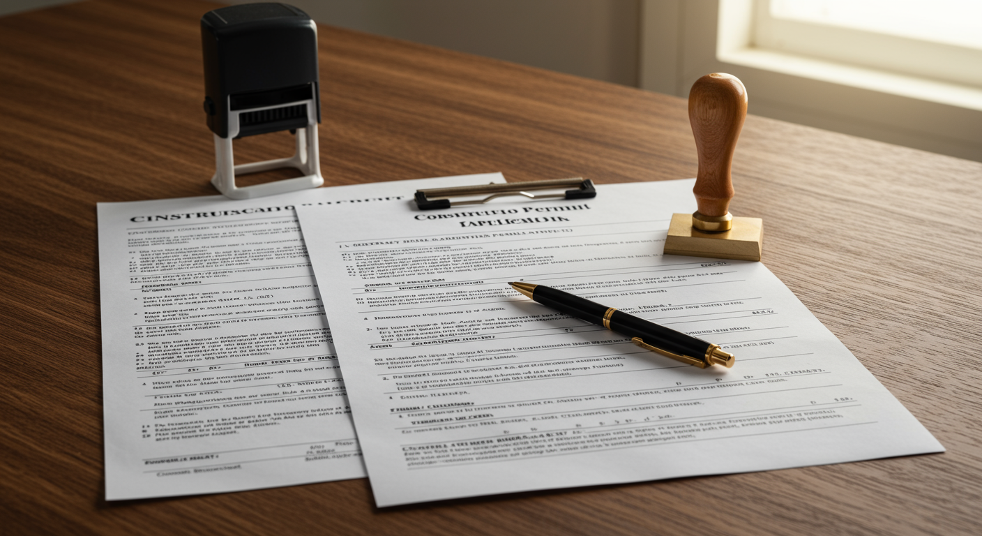 建設業許可申請書と必要書類が並べられた机上の様子