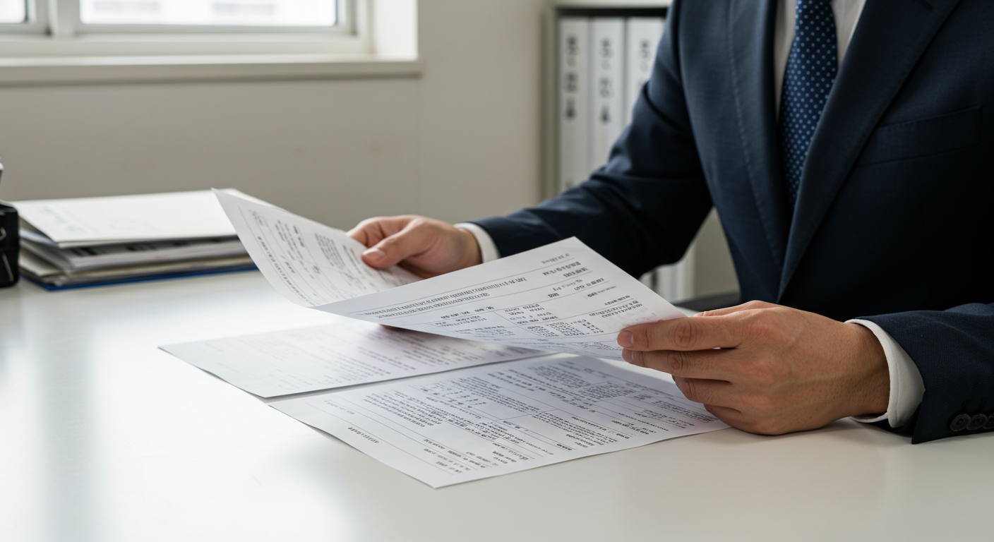 建設業許可申請書類を確認する行政書士の様子