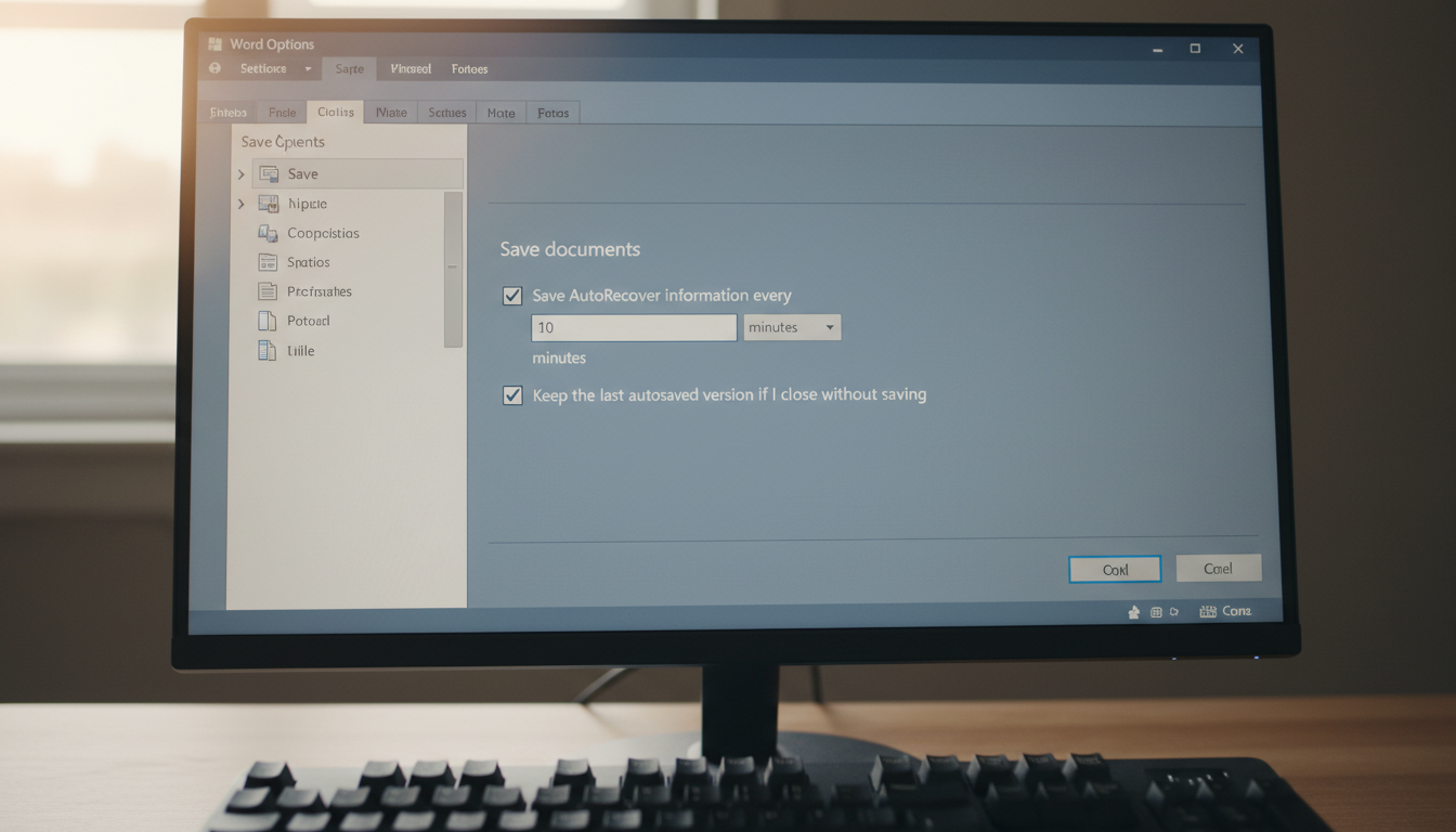 Office自動回復用データの設定画面とバックアップファイル保存場所
