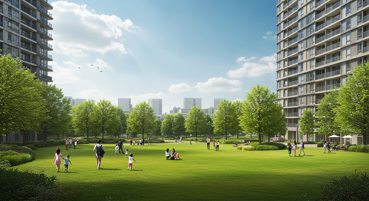 港区の緑豊かな公園と高層マンションが共存する風景