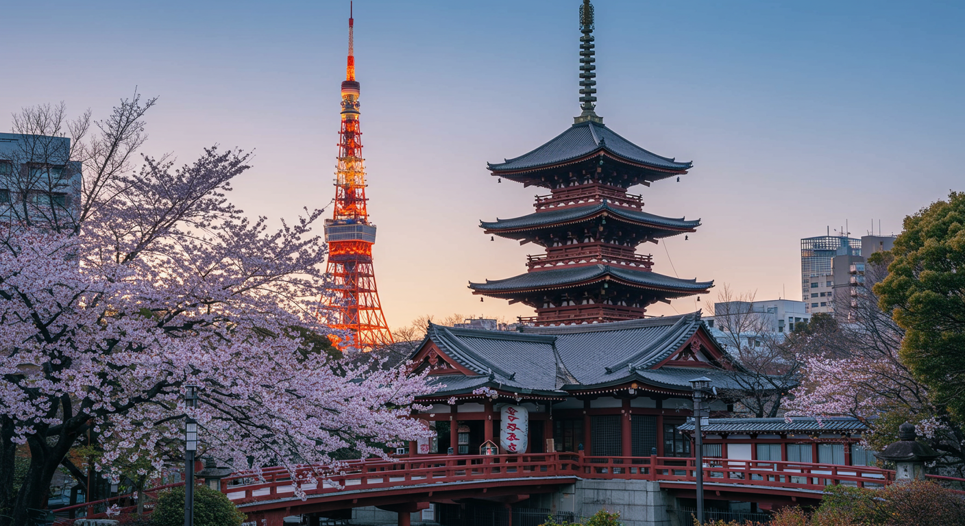 増上寺と東京タワーの風景