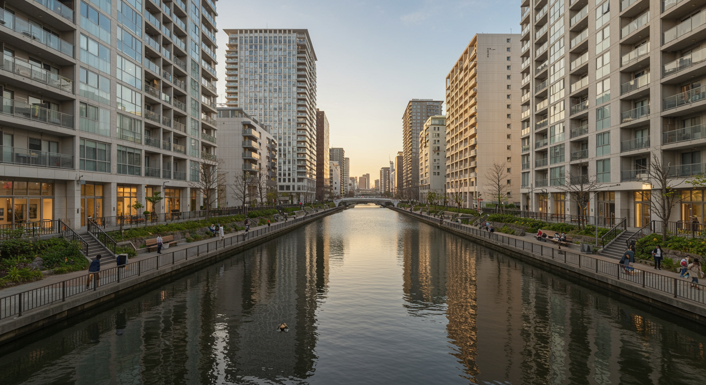 芝浦エリアの運河沿いの風景と高層マンション