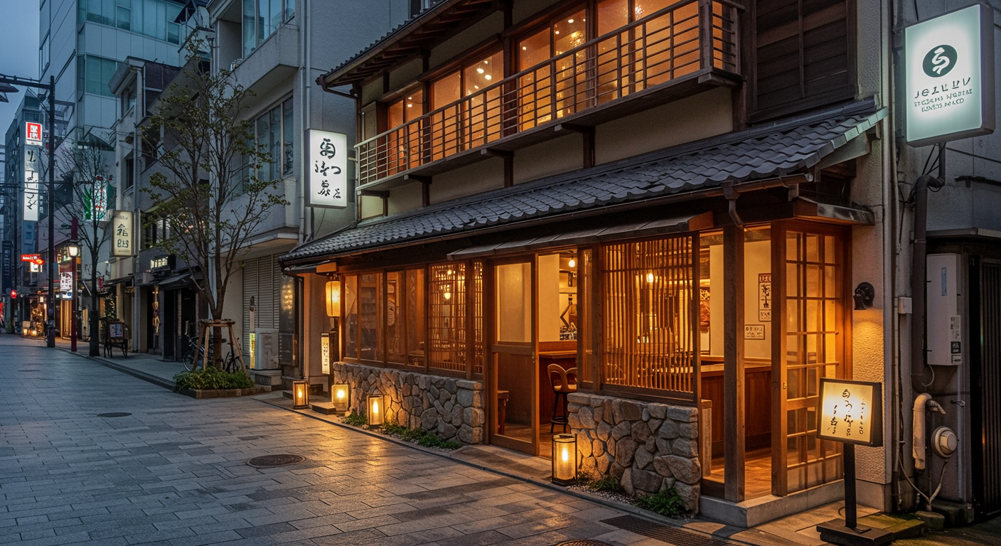 麻布十番の街並みと和魂洋才創作料理レストランの外観