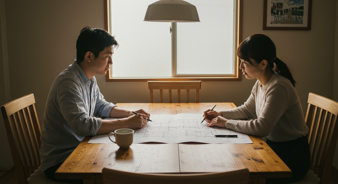 家づくりについて話し合う夫婦の様子