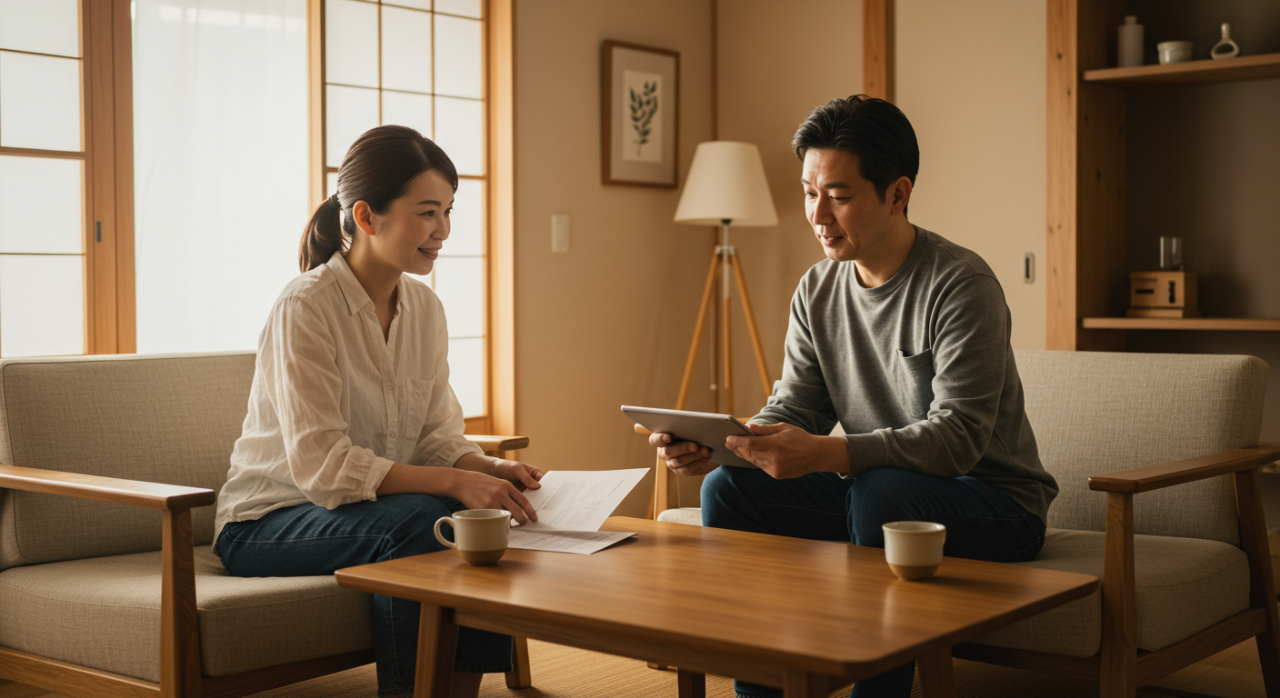 夫婦が家づくりについて穏やかに話し合う様子