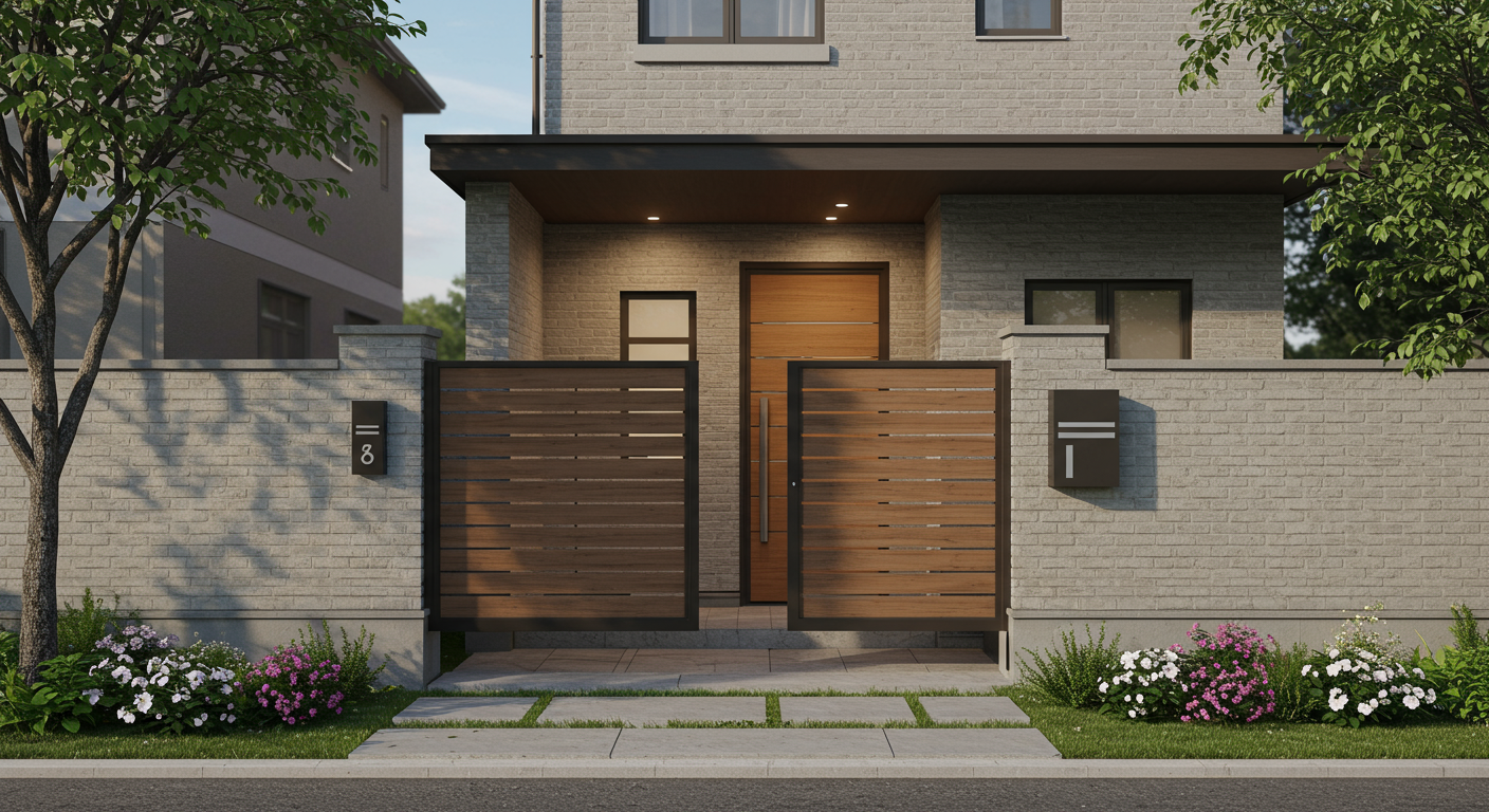 モダンな新築住宅と調和した門扉のある外構デザイン