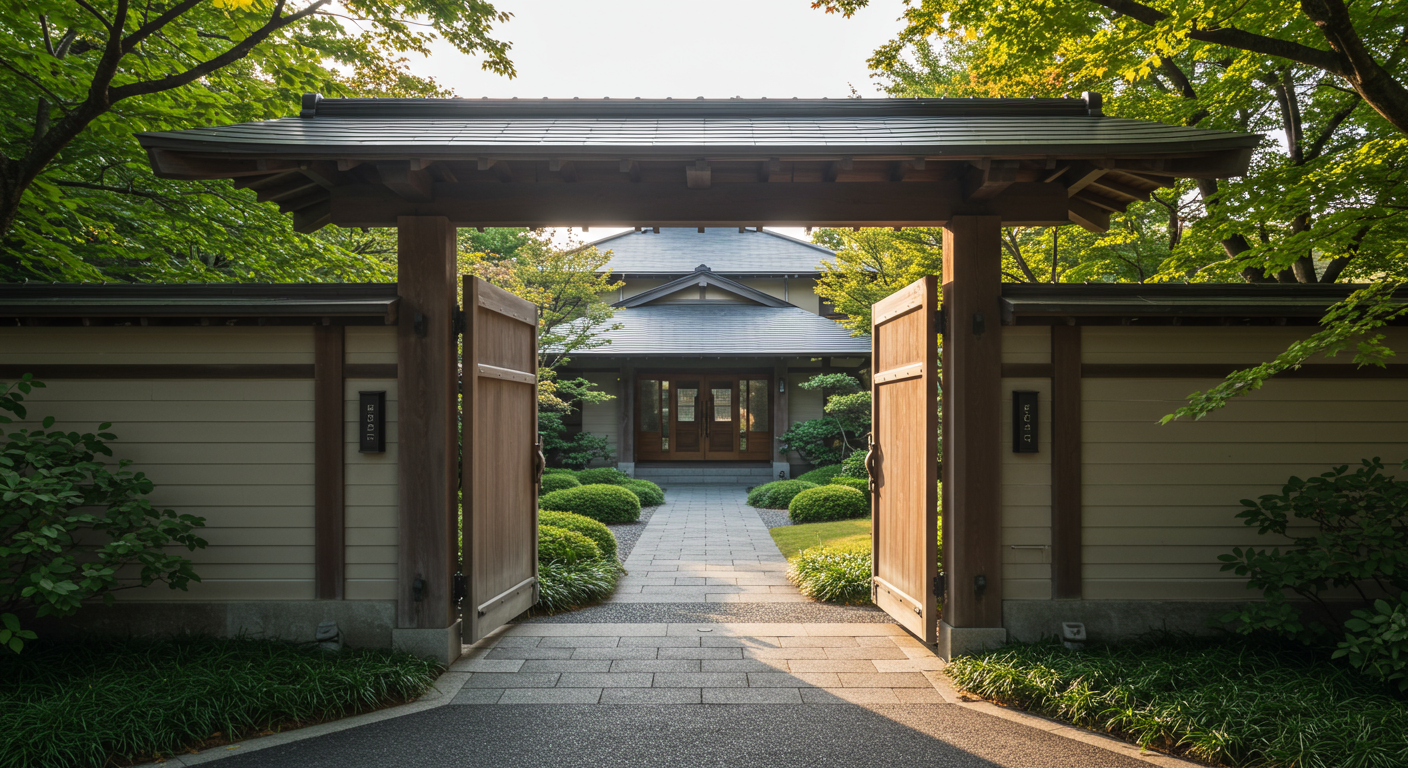 両開き型の門扉と広々としたアプローチ