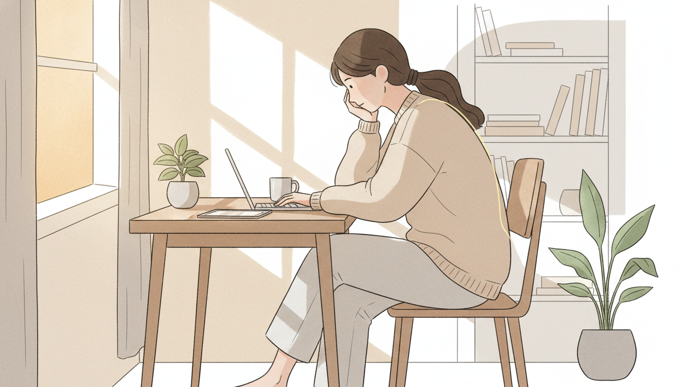 猫背姿勢に悩む女性のイラスト