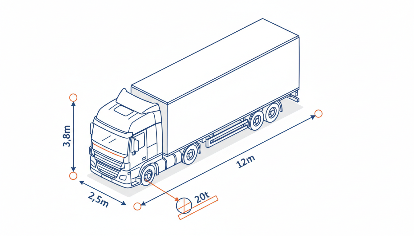 特殊車両通行許可申請の判定基準を示す車両寸法と重量の図解