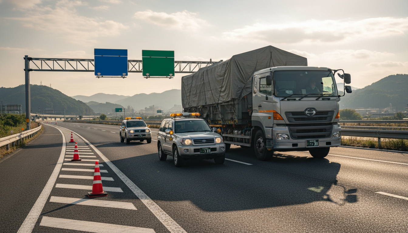 特殊車両の通行条件と誘導車配置を示すイメージ